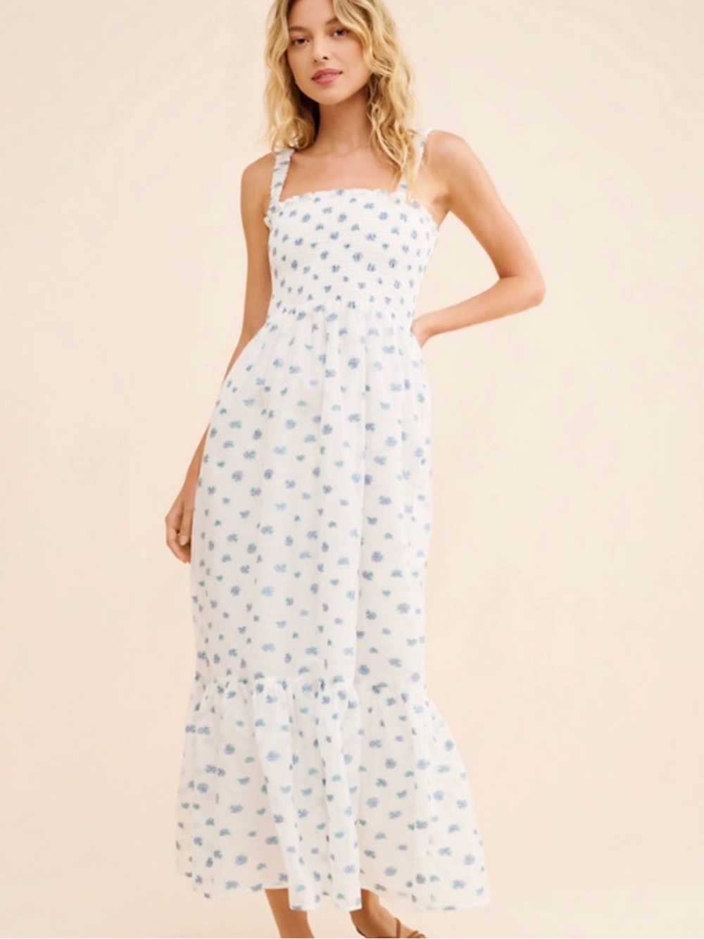 Hill House White Maxi Dress with Blue Floral Print / limited edition